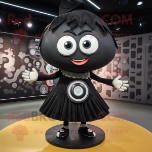 Black Plate Spinner mascot costume character dressed with a Mini Skirt and Brooches