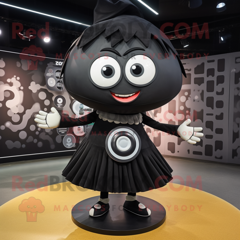 Black Plate Spinner mascot costume character dressed with a Mini Skirt and Brooches Black Plate Spinner mascot costume character dressed with a Mini Skirt and Brooches