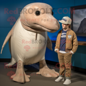 Tan Humpback Whale mascot costume character dressed with a Henley Shirt and Watches