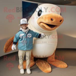 Tan Humpback Whale mascot costume character dressed with a Henley Shirt and Watches