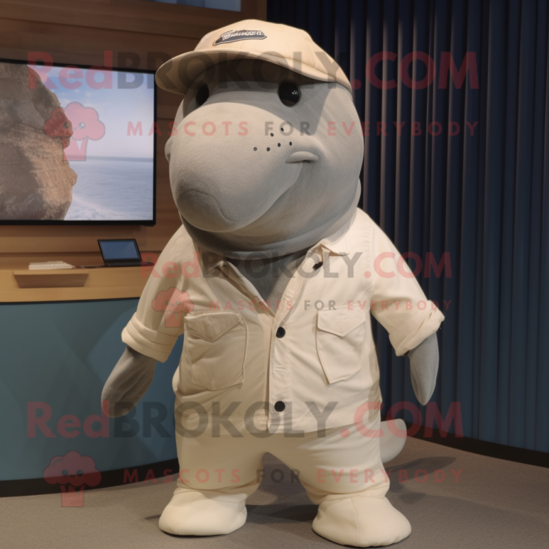 Tan Humpback Whale mascot costume character dressed with a Henley Shirt and Watches Tan Humpback Whale mascot costume character dressed with a Henley Shirt and Watches