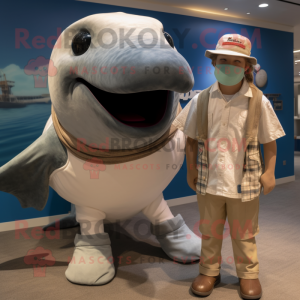 Tan Humpback Whale mascot costume character dressed with a Henley Shirt and Watches