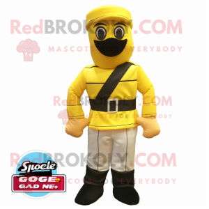Yellow Gi Joe mascot costume character dressed with a Pleated Skirt and Pocket squares