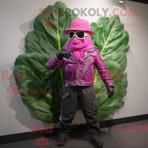 Maskotfigur af et magenta...