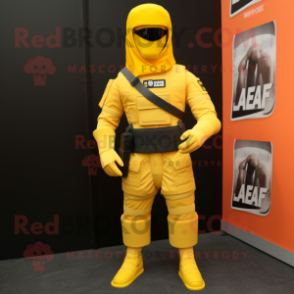 Yellow Gi Joe mascot costume character dressed with a Pleated Skirt and Pocket squares