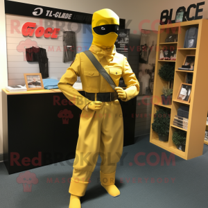 Yellow Gi Joe mascot costume character dressed with a Pleated Skirt and Pocket squares