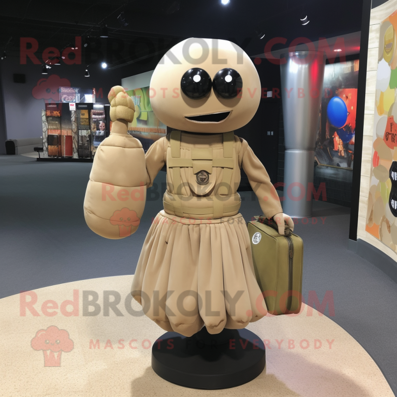 Tan Grenade mascot costume character dressed with a Evening Gown and Messenger bags Tan Grenade mascot costume character dressed with a Evening Gown and Messenger bags