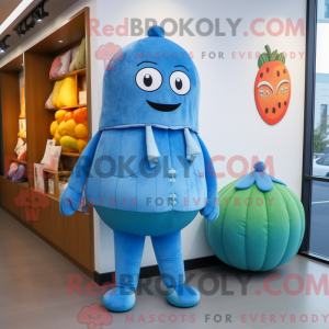 Característica de uma máscara de melão azul com um macacão e uma jaqueta - Mascotes de melão - REBROKO_426608 - RedBrokoly.com