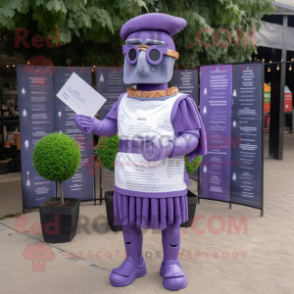 Lavender Roman Soldier mascot costume character dressed with a Cardigan and Reading glasses