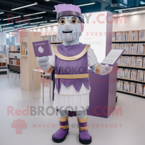 Lavender Roman Soldier mascot costume character dressed with a Cardigan and Reading glasses