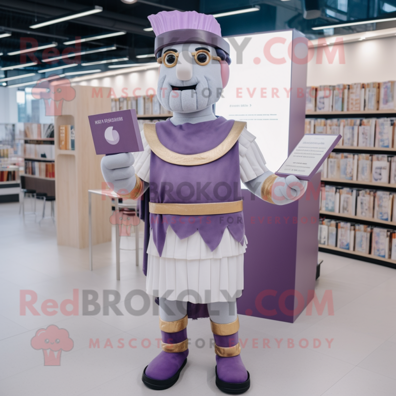 Lavender Roman Soldier mascot costume character dressed with a Cardigan and Reading glasses