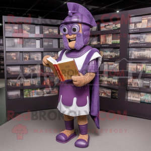 Lavender Roman Soldier mascot costume character dressed with a Cardigan and Reading glasses