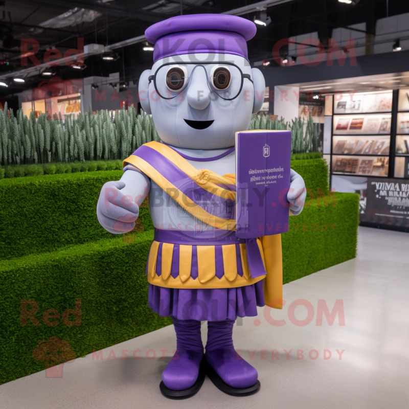 Lavender Roman Soldier mascot costume character dressed with a Cardigan and Reading glasses