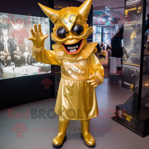 Gold Demon mascot costume character dressed with a Midi Dress and Hats