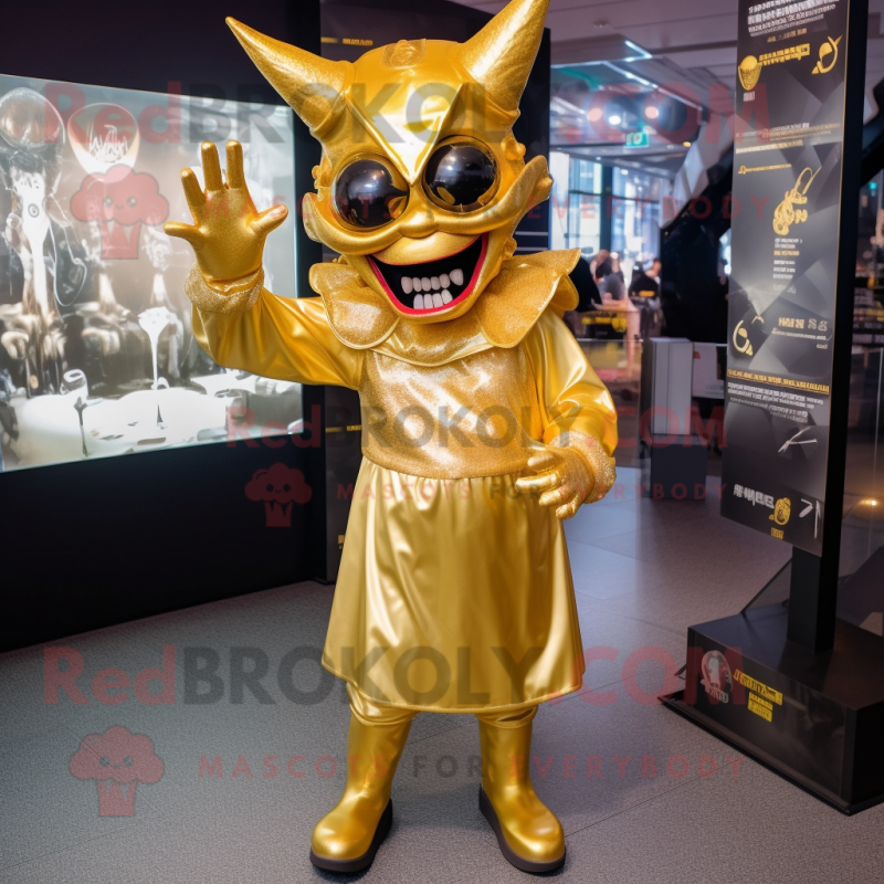 Gold Demon mascot costume character dressed with a Midi Dress and Hats Gold Demon mascot costume character dressed with a Midi Dress and Hats