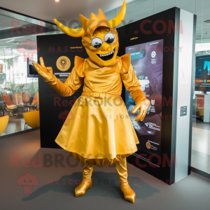 Gold Demon mascot costume character dressed with a Midi Dress and Hats