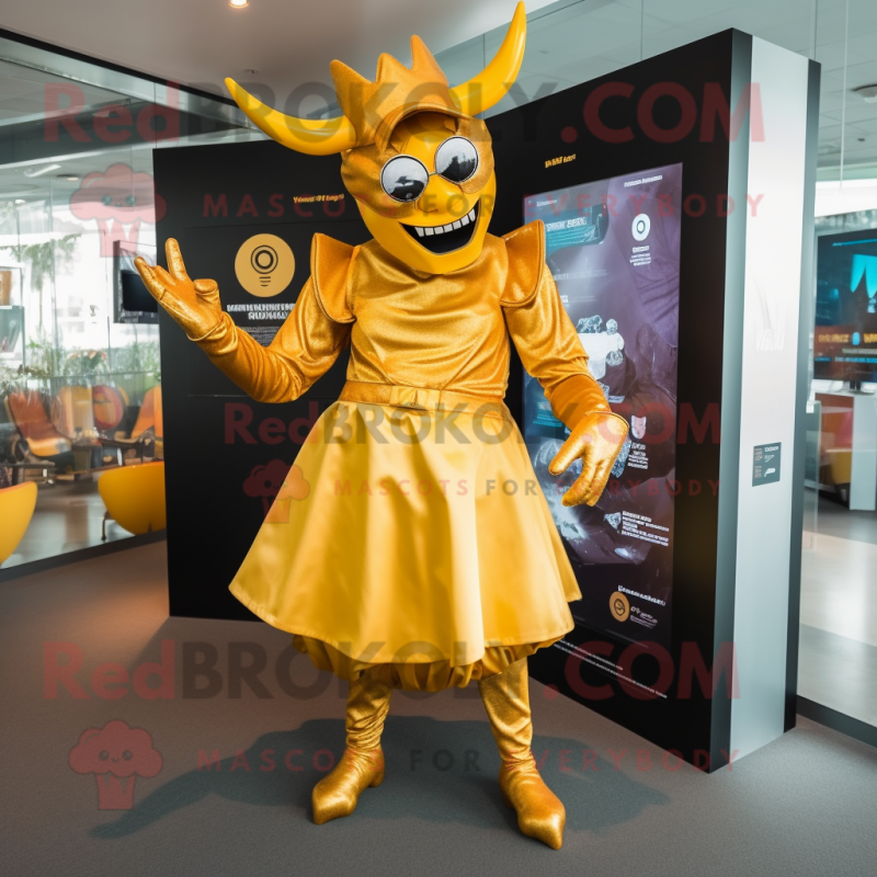 Gold Demon mascot costume character dressed with a Midi Dress and Hats