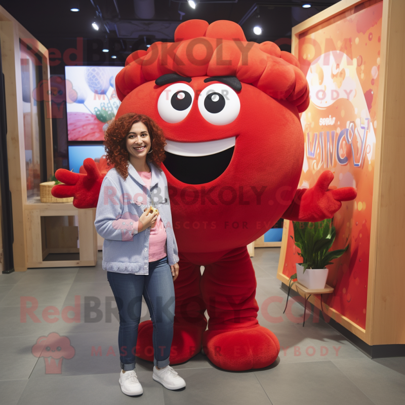 Red Meatballs mascot costume character dressed with a Mom Jeans and Headbands