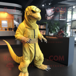 Lemon Yellow Komodo Dragon mascot costume character dressed with a Jumpsuit and Shawls
