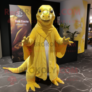 Lemon Yellow Komodo Dragon mascot costume character dressed with a Jumpsuit and Shawls