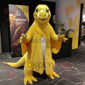 Lemon Yellow Komodo Dragon mascot costume character dressed with a Jumpsuit and Shawls