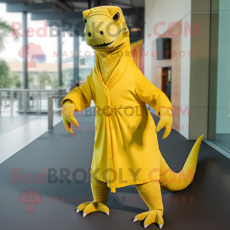 Lemon Yellow Komodo Dragon mascot costume character dressed with a Jumpsuit and Shawls