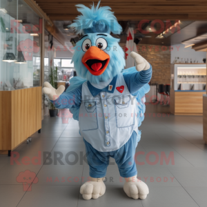 Sky Blue Rooster mascot costume character dressed with a Overalls and Caps