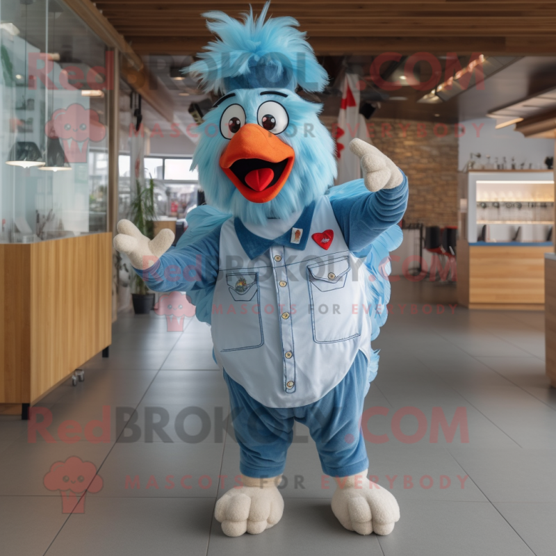 Sky Blue Rooster mascot costume character dressed with a Overalls and Caps Sky Blue Rooster mascot costume character dressed with a Overalls and Caps