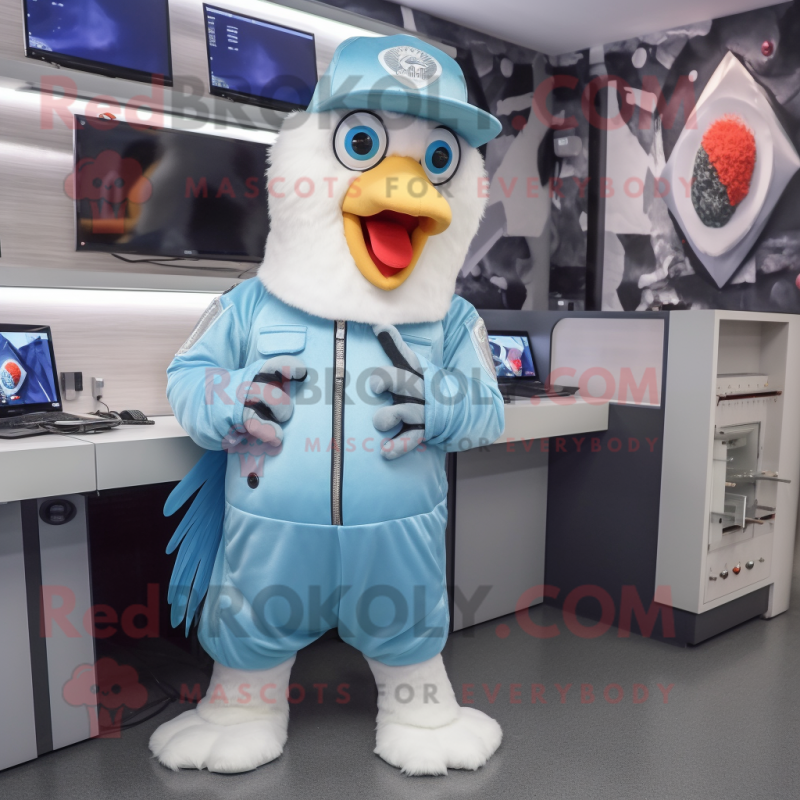Sky Blue Rooster mascot costume character dressed with a Overalls and Caps Sky Blue Rooster mascot costume character dressed with a Overalls and Caps