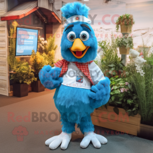 Sky Blue Rooster mascot costume character dressed with a Overalls and Caps