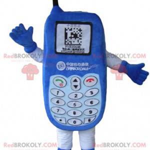 Blauwe mobiele telefoonmascotte met een toetsenbord -