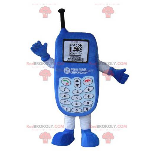 Blauwe mobiele telefoonmascotte met een toetsenbord -