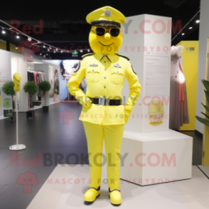 Lemon Yellow Police Officer mascot costume character dressed with a Cocktail Dress and Belts