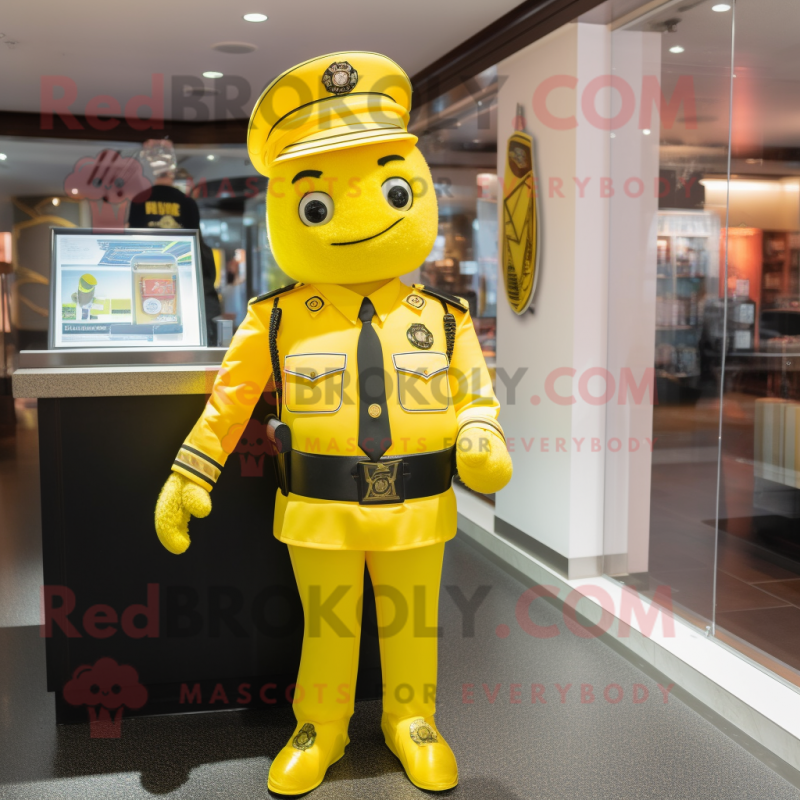 Lemon Yellow Police Officer mascot costume character dressed with a Cocktail Dress and Belts