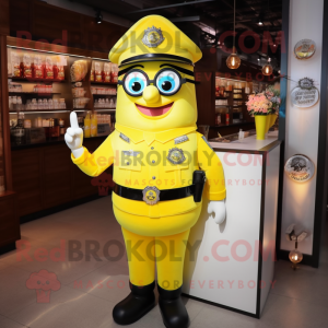 Lemon Yellow Police Officer mascot costume character dressed with a Cocktail Dress and Belts