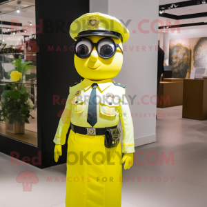 Lemon Yellow Police Officer mascot costume character dressed with a Cocktail Dress and Belts