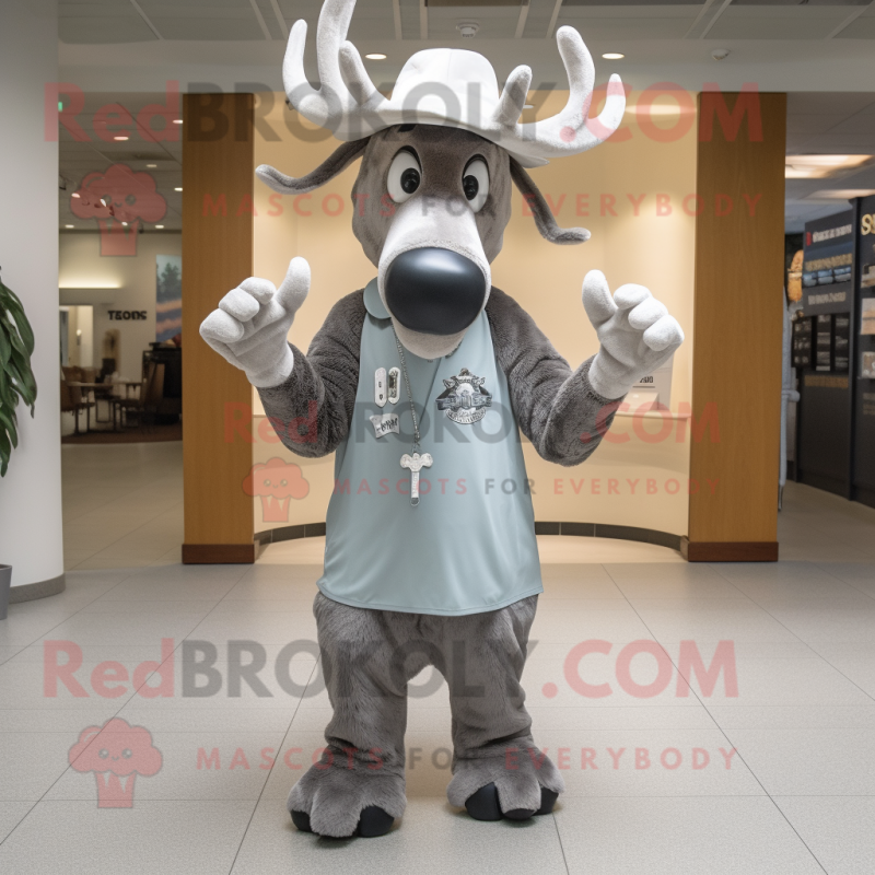 Silver Moose mascot costume character dressed with a T-Shirt and Hat pins Silver Moose mascot costume character dressed with a T-Shirt and Hat pins