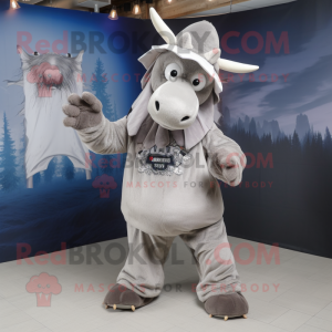Silver Moose mascot costume character dressed with a T-Shirt and Hat pins