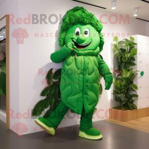 Forest Green Beanstalk mascot costume character dressed with a Windbreaker and Shoe laces