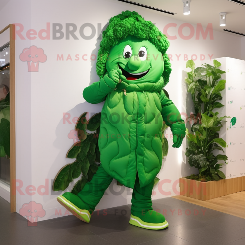 Forest Green Beanstalk mascot costume character dressed with a Windbreaker and Shoe laces Forest Green Beanstalk mascot costume character dressed with a Windbreaker and Shoe laces