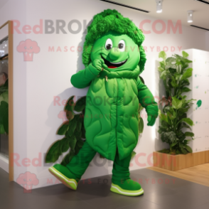 Forest Green Beanstalk mascot costume character dressed with a Windbreaker and Shoe laces