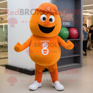 Orange Meatballs mascot costume character dressed with a Chinos and Beanies