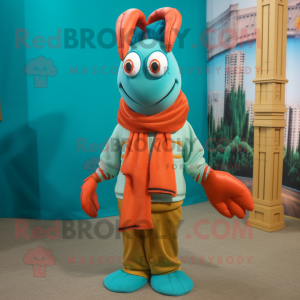 Teal Lobster mascot costume character dressed with a Long Sleeve Tee and Shawls