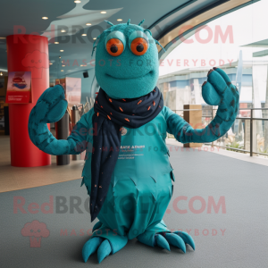 Teal Lobster mascot costume character dressed with a Long Sleeve Tee and Shawls