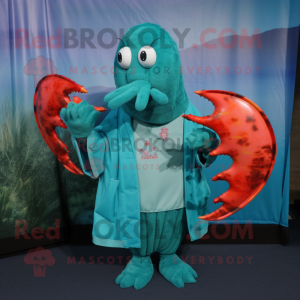 Teal Lobster mascot costume character dressed with a Long Sleeve Tee and Shawls