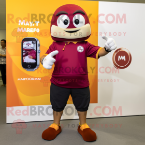 Maroon Mandarin mascot costume character dressed with a Polo Tee and Smartwatches