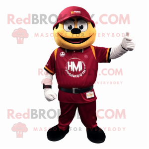 Maroon Mandarin mascot costume character dressed with a Polo Tee and Smartwatches