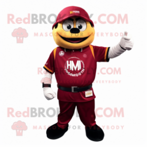 Maroon Mandarin mascot costume character dressed with a Polo Tee and Smartwatches