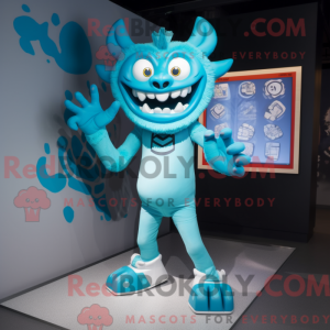 Maskotfigur av en cyan...