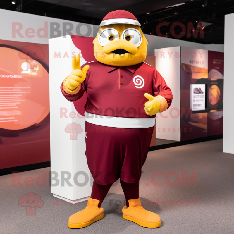 Maroon Mandarin mascot costume character dressed with a Polo Tee and Smartwatches